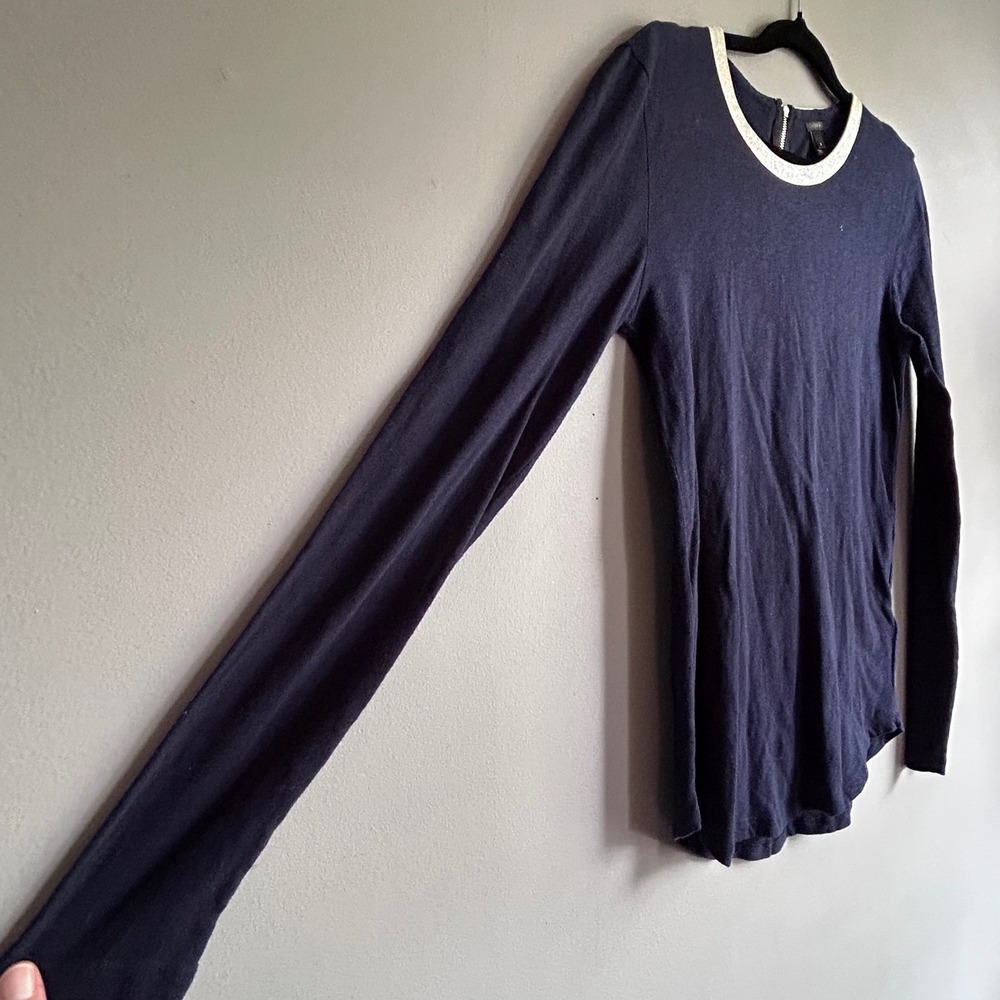 J.Crew Navy Blue Cotton Long Sleeve Top Metallic Trim Back Zip Small - Picture 7 of 8